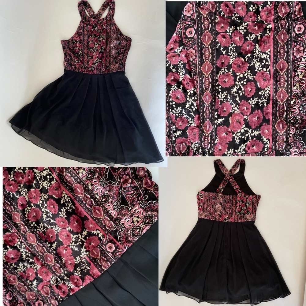 TRIXXI GIRL 🦋 DRESS velour print black pleats wide criss cross straps